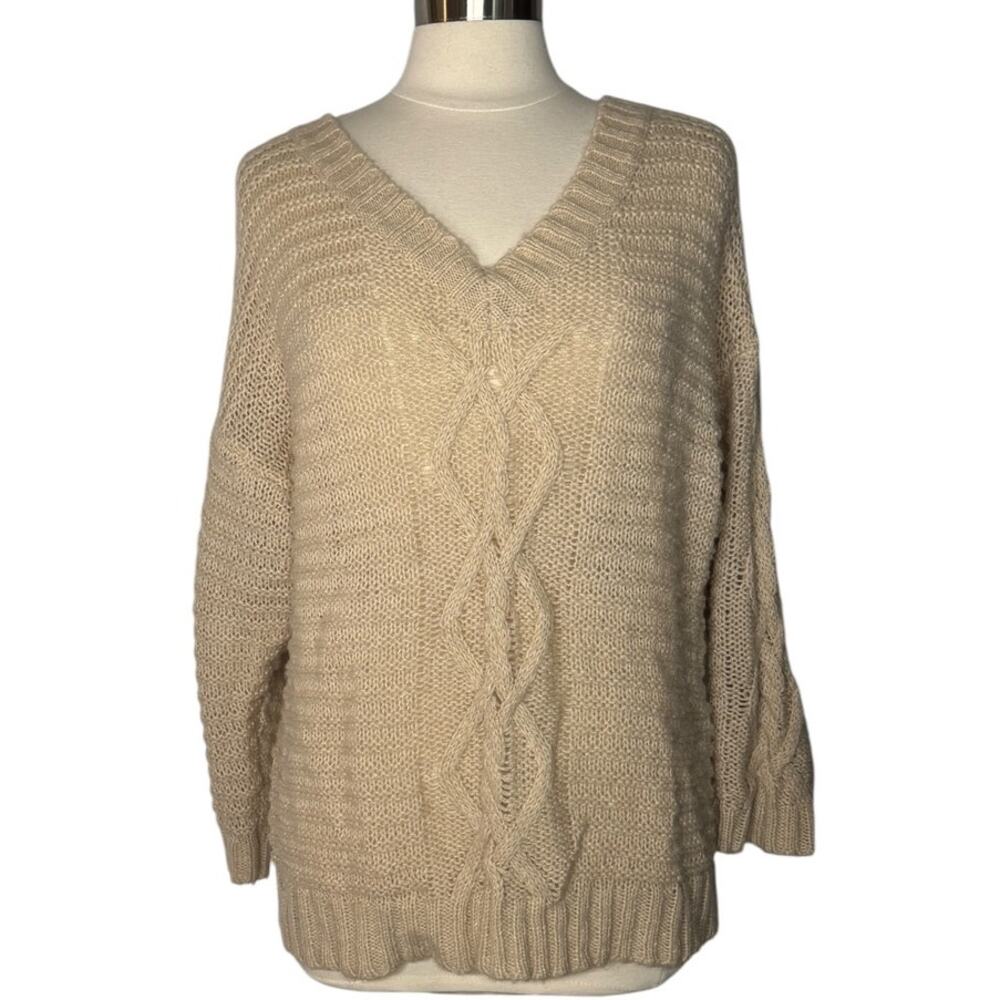 American Eagle Small Cream Cable Knit V-Neck Pullover Sweater Long Sleeve